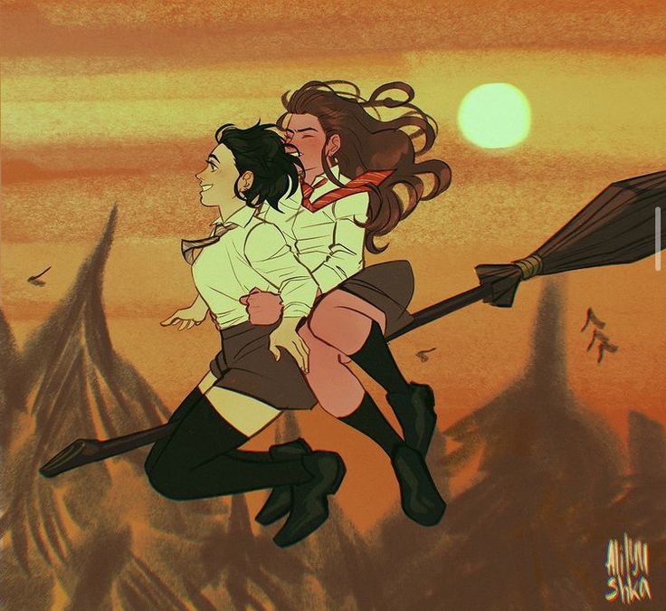 a drawing of two women riding a broomstick into the sunset. the woman in the front has dark hair and a white collared shirt, short brown skirt, black thighhigh socks and black boots. the woman in the back has long brown hair, a white collared shirt, red and gold scarf, short brown skirt, black kneehigh socks and black boots. they are flying in front of a sunset with jagged mountains below.