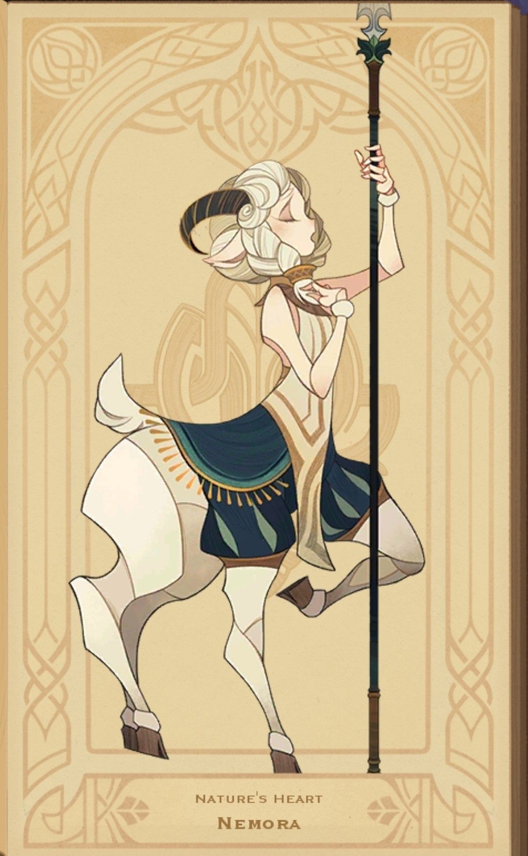 the image showcases a character card featuring nemora, labeled "nature's heart." she is a female, anthropomorphic character with the lower body of a ram and the upper body of a human. she has white fur, curly hair, and wears a flowing white and teal dress with gold accents. she holds a tall, ornate staff in her right hand. the background is a beige color with an intricate, symmetrical design in a darker brown. the overall style is elegant and fantasyinspired.