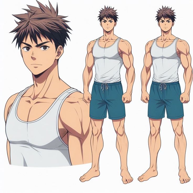 he image shows three different views of a muscular young man with short brown hair and brown eyes. he is wearing a white tank top and teal blue shorts. the image seems to be a character design sheet, showcasing the character from the front, threequarter, and full body.