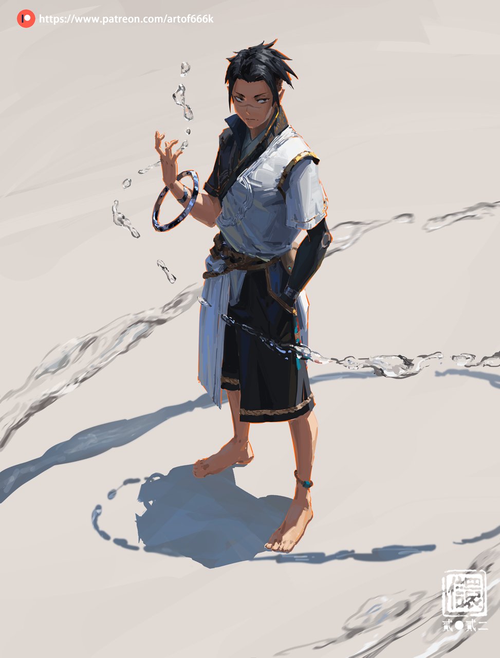 the image is a digital painting of an animestyle male character standing on a sandy beach. he appears to be a water mage or sorcerer, manipulating water around him with his hands. he is wearing a light blue and dark outfit, possibly inspired by east asian clothing. the character is depicted with a calm and confident expression, and the overall style of the art is detailed and graceful. the background is simple, focusing attention on the character and their magical abilities.  a patreon link is visible in the topleft corner.
