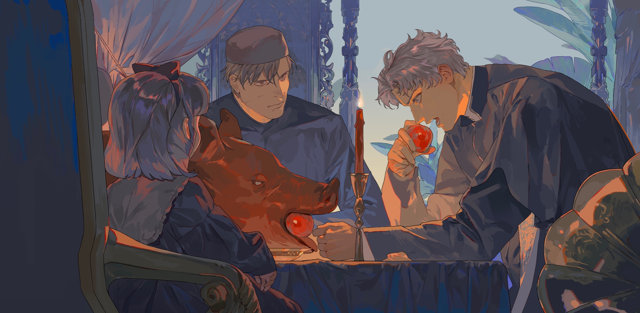 a gothicstyle illustration depicts a dinner party with surreal elements. a young woman with short hair and a dark bow sits at a table. next to her is a man in a simple cap, and between them is a pig's head with an apple in its mouth. across the table, another man in a suit is eating an apple. a single lit candle stands on the table. the background is a blend of draped fabrics and lush greenery. the overall color palette is muted with warm, dramatic lighting.