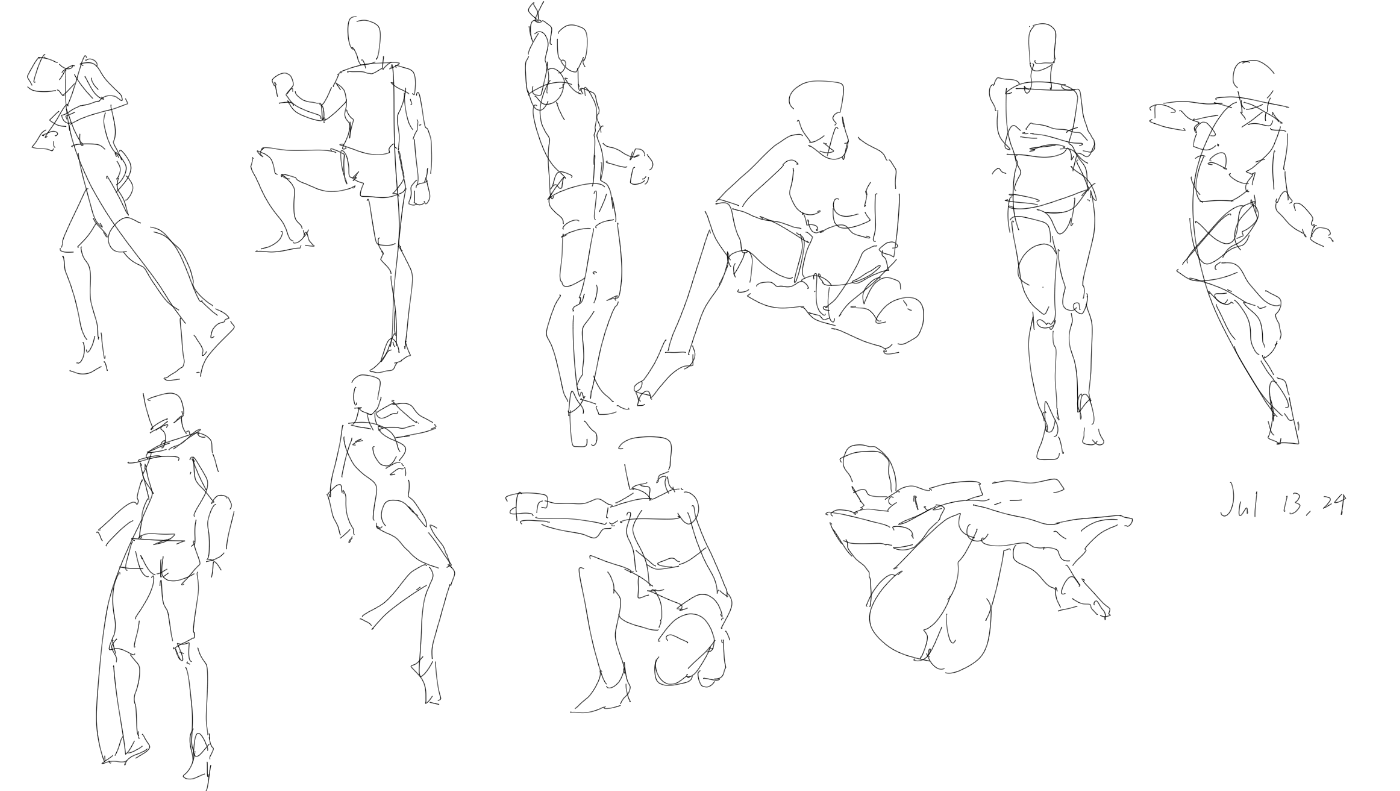 a page of figure drawing sketches. the page features quick gesture drawings of various poses, focusing on capturing the essence of movement and form rather than detail.