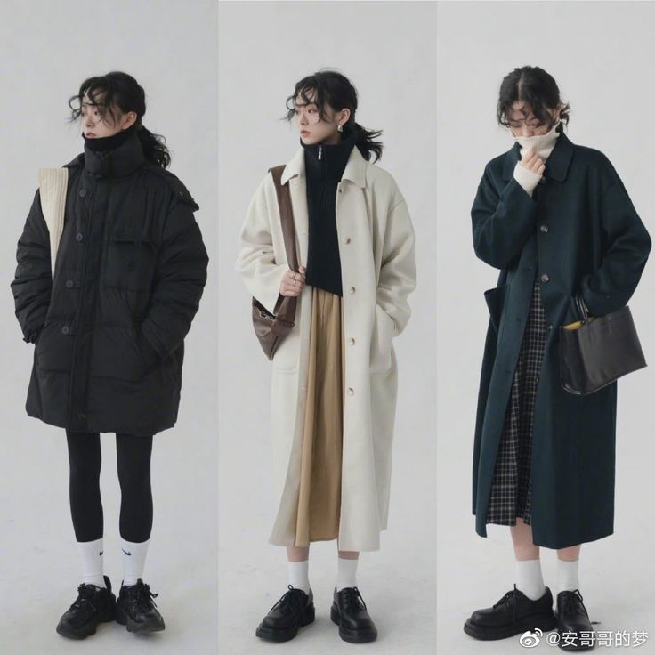 three women are standing in front of a white background. each one is wearing a different outfit, but all of them are in similar styles. the woman on the left is wearing a black puffer jacket, black leggings, and white socks. the woman in the middle is wearing a white coat over a beige skirt and black top. she has a brown bag hanging from her shoulder. the woman on the right is wearing a green coat over a black and white plaid skirt. she has a black bag in her hand. all three women are wearing black shoes and white socks. they look stylish and elegant.