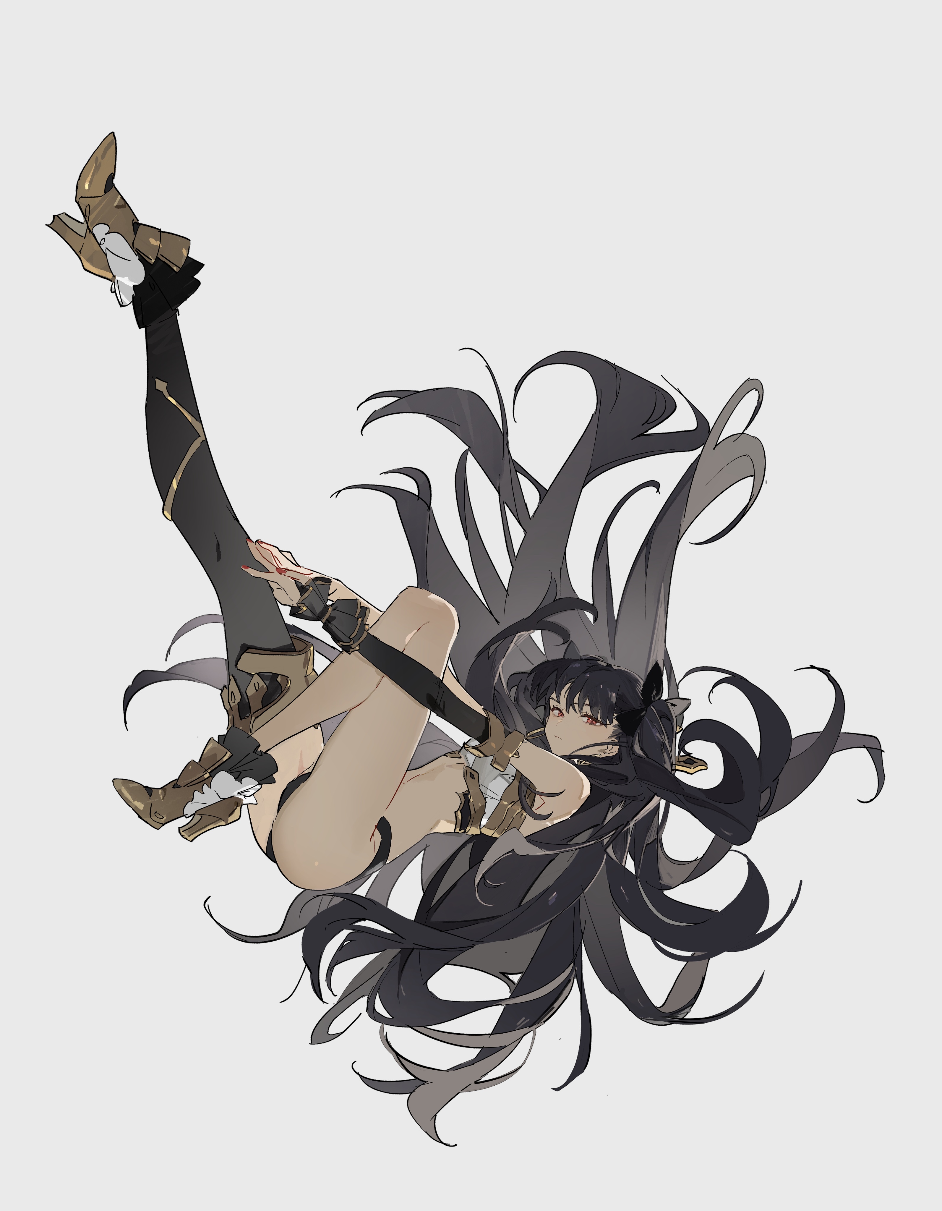 he image shows a stylized animestyle illustration of a young woman with long, dark hair. she's depicted in a dynamic pose, seemingly falling or floating, with her legs elegantly raised. her attire consists of dark stockings, highheeled boots, and a partially visible darkcolored top, suggesting a fantasy or character design aesthetic.  the art style is loose and expressive, with visible brush strokes and a focus on movement and fluidity. the color palette is muted, using mainly grays, blacks, and muted gold tones. the background is a simple, light gray, allowing the figure to stand out prominently. the overall mood is one of stylish action and a touch of mystery.