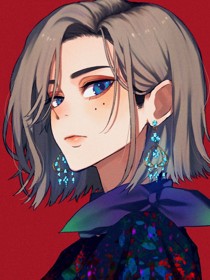 the image is a digital illustration of a young animestyle girl. she has shoulderlength grey hair styled in a slightly messy bob, striking blue eyes, and fair skin with a few freckles.  she's wearing dangling earrings with blue gemstones and a dark, floralprint dress with a purple bow or collar detail at the neckline. the background is a solid, deep red, which contrasts with her hair and clothing. the style is realistic and detailed, focusing on her facial features and the texture of her hair and clothing.  the overall impression is one of elegance and style.