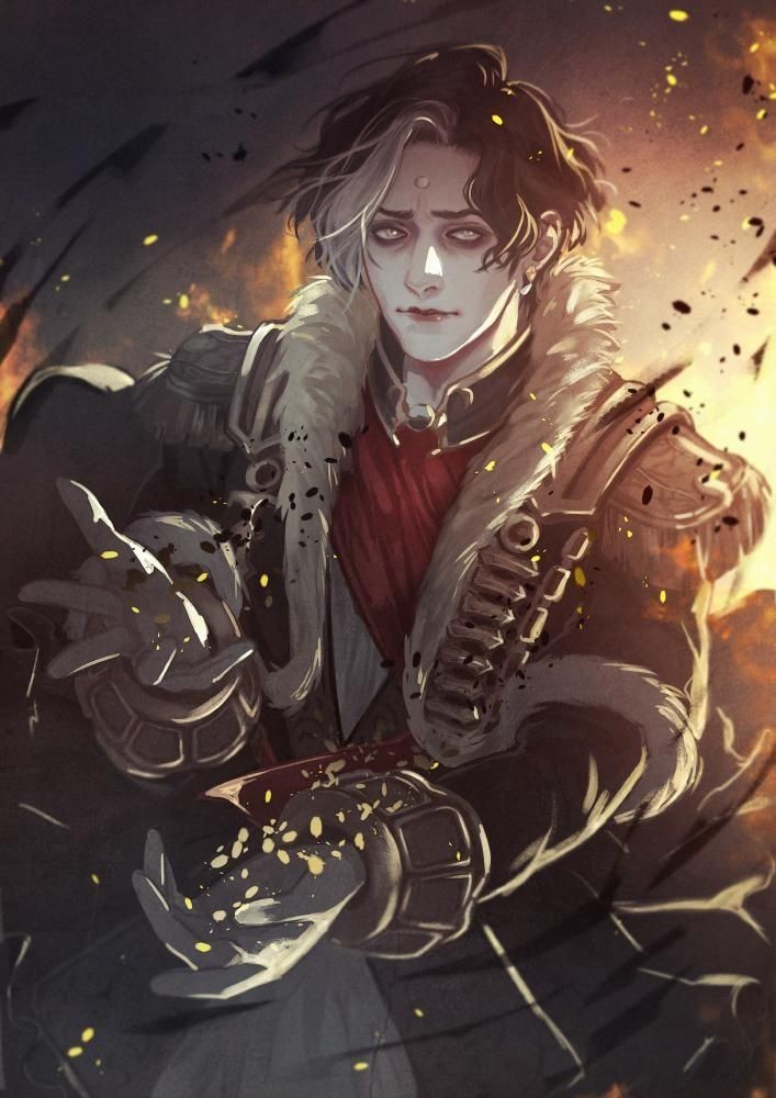 a closeup portrait of a man with dark hair, half of which is white. he is wearing a black jacket with a fur collar and decorative buttons. he is holding his hands out in front of him, and there is a glow of gold around them. the background is dark with flames and smoke. the man has a serious expression and seems to be wielding magic.