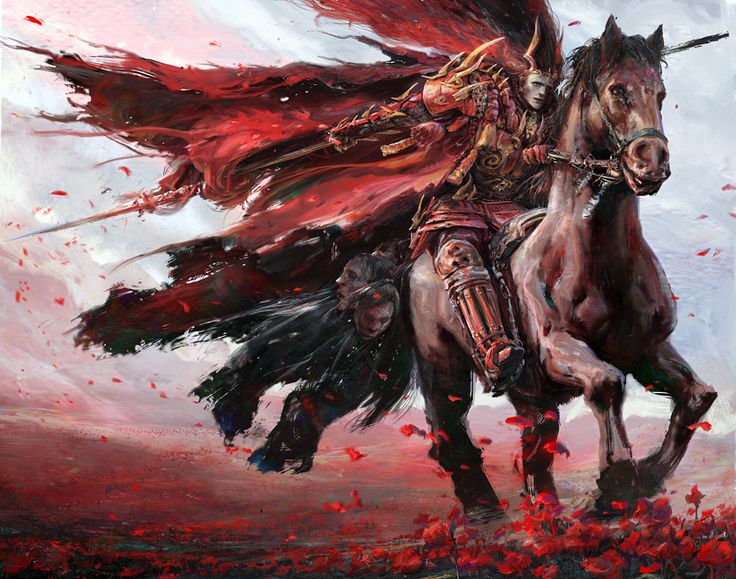 a digital painting depicts a samurai warrior riding a brown horse across a field of red poppies. the rider is clad in ornate red armor and a flowing red cape, and wields a sword. the scene conveys a sense of motion and power, with dark undertones suggestive of a battlefield or fantasy setting.