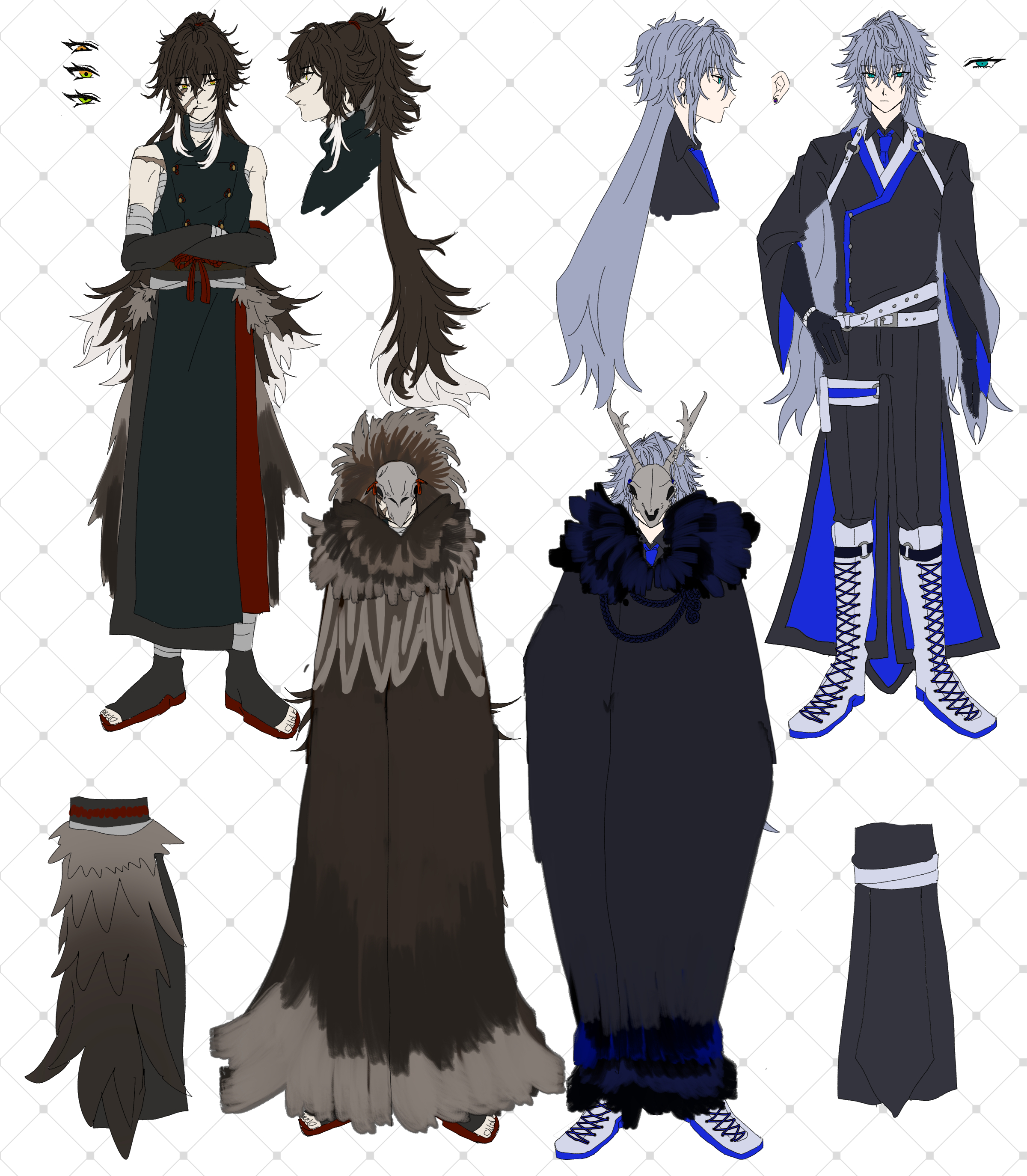this is a character design sheet for two anime characters. the characters are both male, with long black hair. the character on the left wears a black and red outfit with a feather cloak, while the character on the right wears a black and blue outfit with a long blue cloak. both characters wear masks and have horns.  the character on the left also has a black tie.