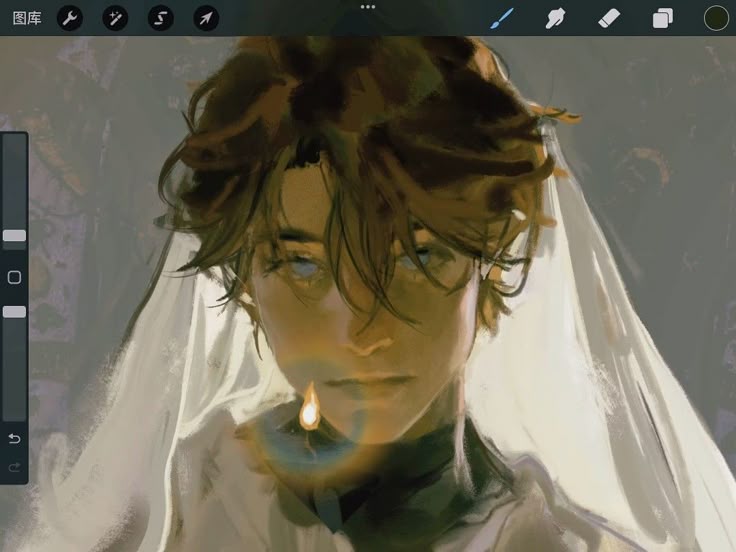 a digital painting depicts a young male figure in a closeup portrait. the image has a painterly style, with visible brush strokes and a soft, muted color palette. the subject has brown hair and lightcolored eyes, and a veil draped over his head. a strong light source illuminates his face, creating areas of highlight and shadow. the image appears to be a work in progress, likely created using digital art software, as indicated by the interface visible at the top and side of the screen.
