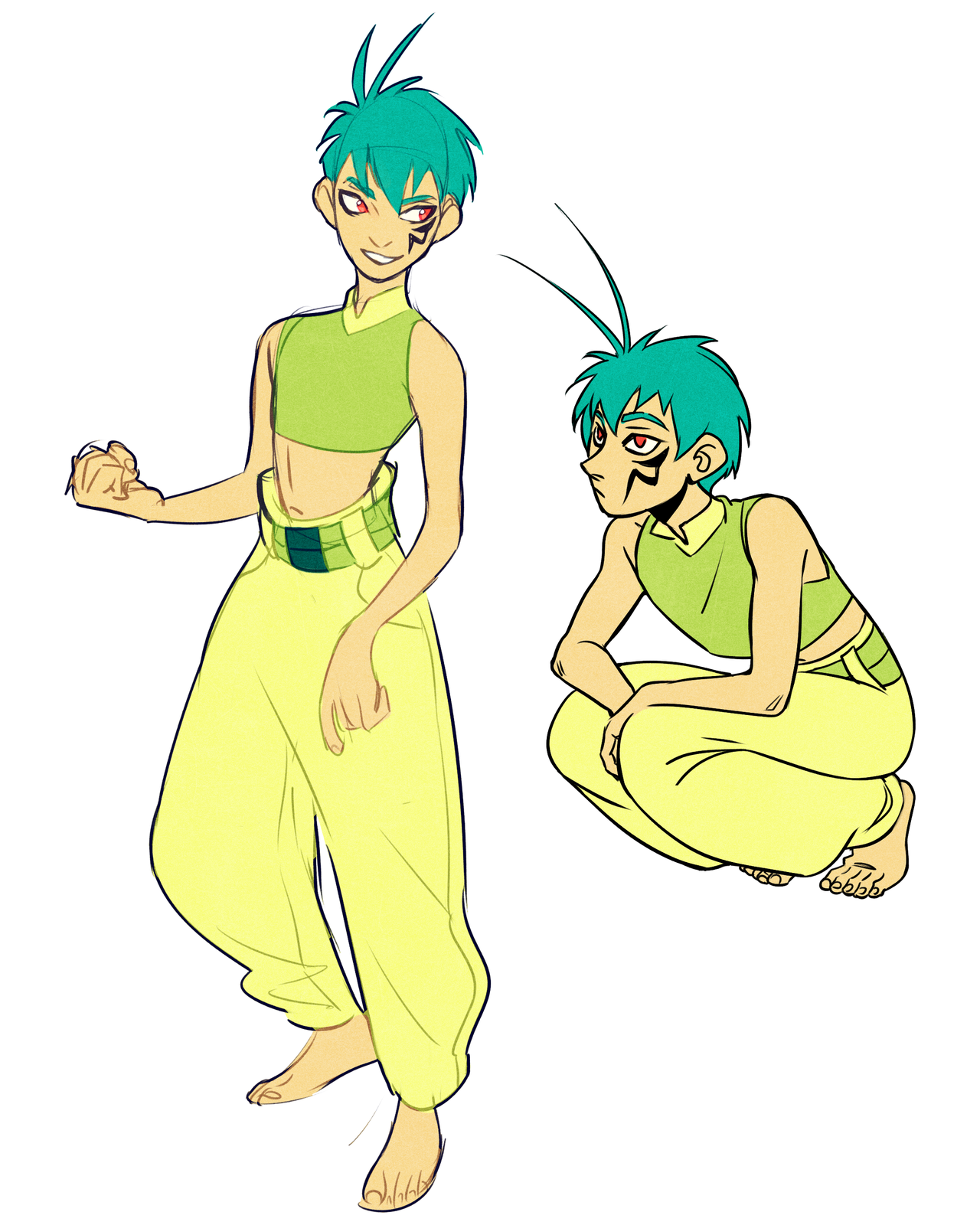 two drawings of the same original character. the character is a young man with spiky green hair and red eyes. they are wearing a lime green crop top and baggy yellow pants with green accents, and have tribalstyle markings below their left eye. in the first drawing, they are standing facing forward with their left hand clenched in a fist. in the second drawing, they are crouching and facing to the left. both drawings are on a white background and use simple shading and linework.