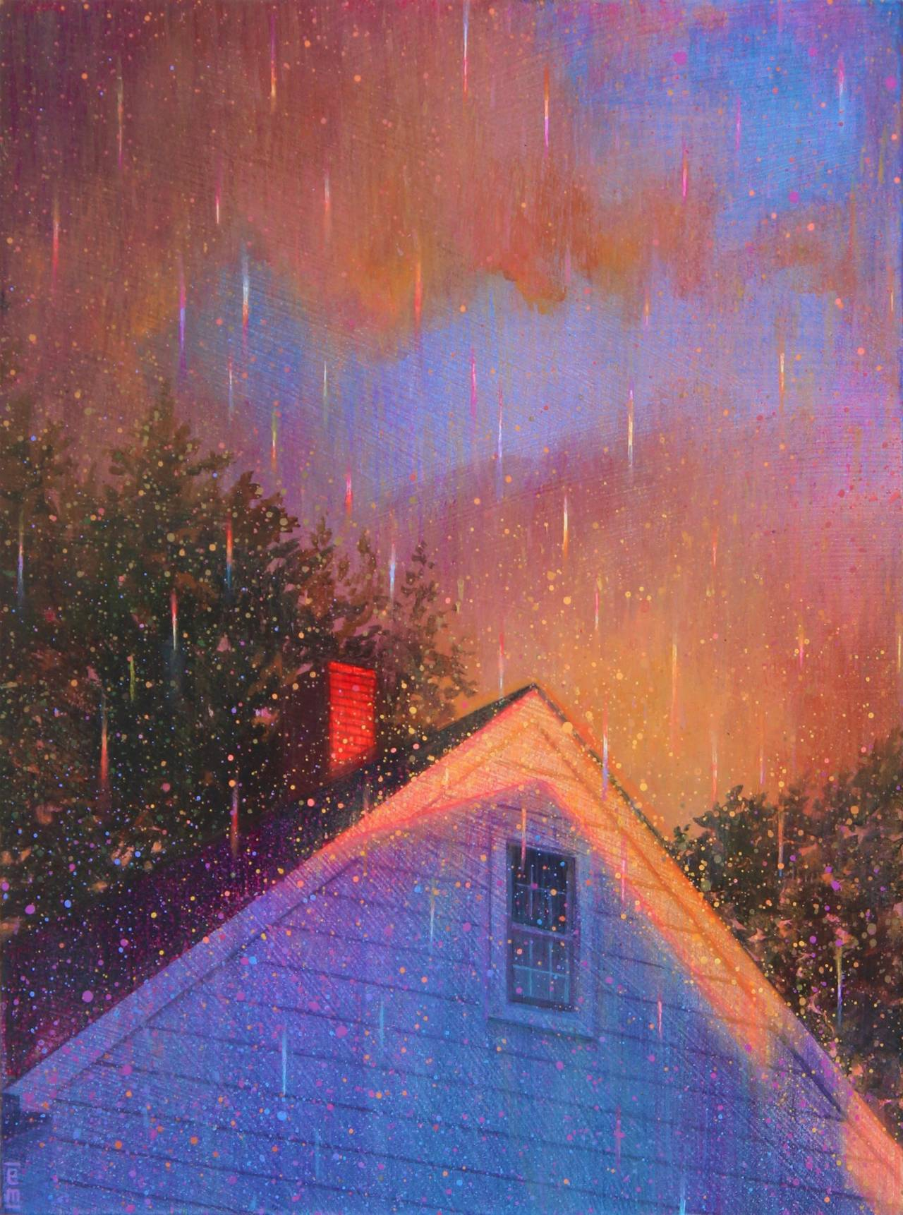 a white house with a red chimney is shown. the roof and one window are visible in the image. there's a green tree behind the house. the sky is a sunset with rain, though it looks more like glitter than rain.