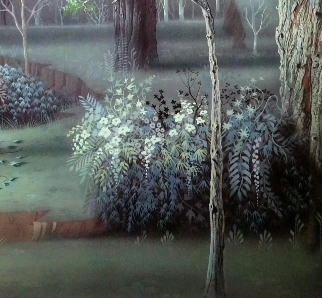 the painting depicts a serene and misty forest scene.  a path, indicated by a reddish tone, curves through the center, bordered by lush, green ferns, white flowers, and delicate foliage.  the light is soft and diffused, creating a sense of tranquility and mystery. the overall atmosphere is reminiscent of a fairytale or an enchanted woodland.