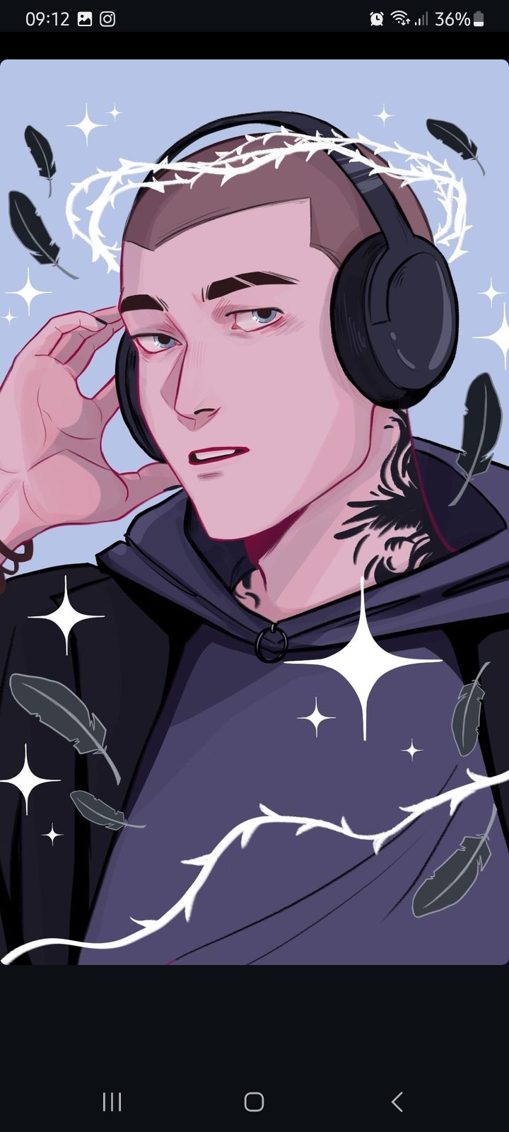the image showcases a stylized portrait of a young man. he has short hair, a serious expression, and wears black headphones. he sports a visible tattoo on his neck and part of a design peeking out from beneath his dark hoodie. surrounding his head is a halolike design made of thorns intertwined with white feathers, while scattered black feathers and white sparkling stars decorate the rest of the image against the soft blue background.