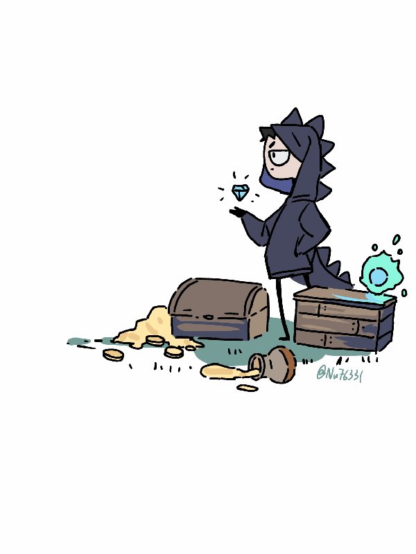 a cartoon illustration of a monster wearing a hooded jacket with a diamond in its hand and a treasure chest and coins scattered on the ground. the monster is standing on a platform with a potion bottle.