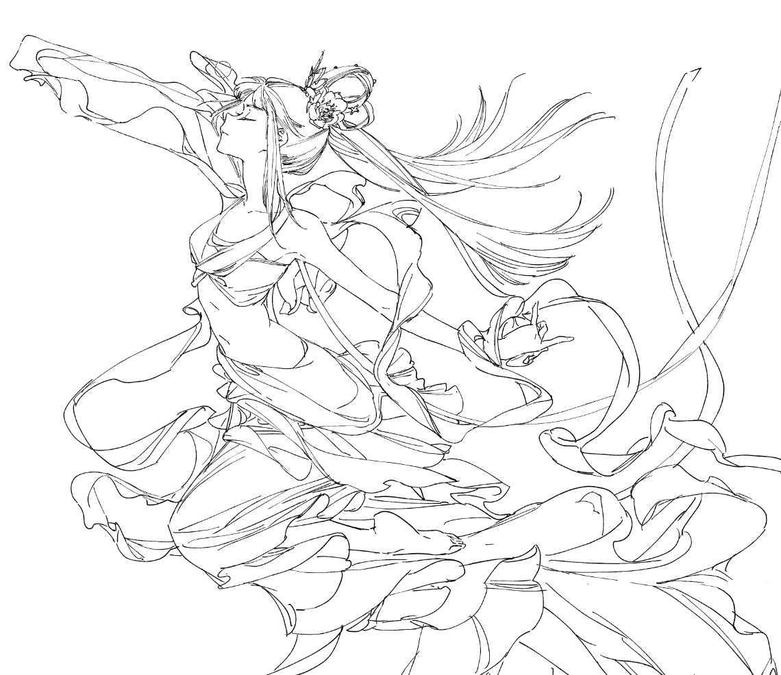 a black and white line drawing of an animestyle woman with long, flowing hair, wearing a traditional dress with ribbons and a hair ornament. she is depicted in a dynamic, graceful dancing pose with her eyes closed and head tilted back. the drawing captures a sense of movement and elegance.