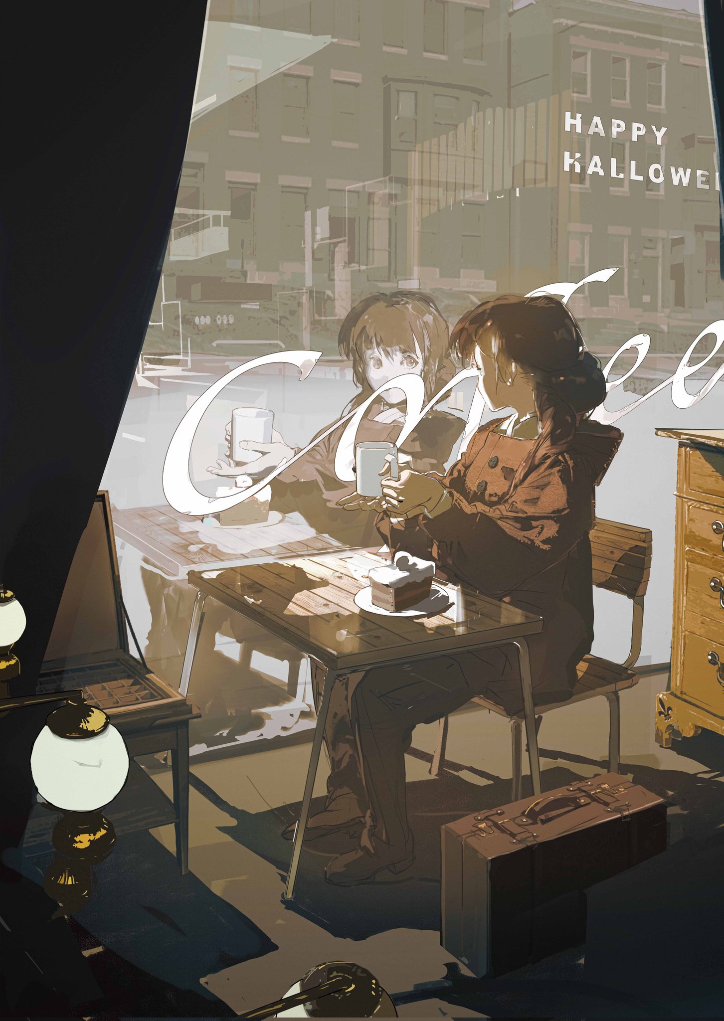 this is a digital art illustration of two anime girls in a cafe enjoying coffee and cake together. they are sitting at a table in front of a window, and the cafe is located in a city. the outside of the building is visible through the window. there is a suitcase on the floor next to the table, and a lamp on the table. the sign above the girls says "coffee". the window also shows the street outside and the signage for "happy halloween".