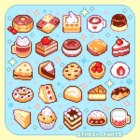 the image is a grid of pixel art depicting various desserts and beverages. there are donuts, cakes, pies, cookies, a waffle, and cups of coffee and tea. each item is brightly colored and stylized in a cute and appealing way. the background is a light blue with white sparkles.