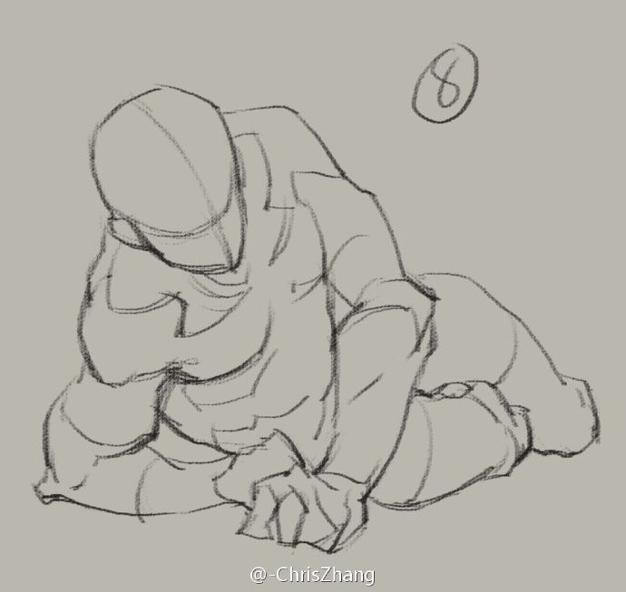 this image is a line drawing of a man sitting with his back turned towards the viewer. he is wearing a loose shirt and pants. his head is bent down and his hands are resting on his legs. the drawing shows a strong emphasis on gesture and anatomical detail. the lines are loose and expressive, creating a dynamic and energetic feel. the artist has also used shading to give the drawing a sense of depth and volume. overall, this is a beautiful and inspiring example of figure drawing.
