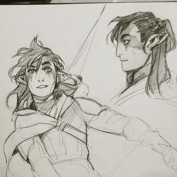 the image is a pencil sketch featuring two elven characters. one is a more detailed sketch of an elf in a hooded cloak, possibly an archer, with a bow and arrow implied by the lines suggesting a weapon. this character is depicted from the front, with visible facial details and an expressive pose.  the second character is a side profile sketch, appearing more like a portrait, of a different elf.  the style is loose and expressive, showing clear lines that define form and shadows, rather than overly refined details.  both characters have pointed ears, indicating their elven nature. the overall aesthetic suggests fantasy art, potentially for a book or game.  the sketches are done on what appears to be a sketchbook page.