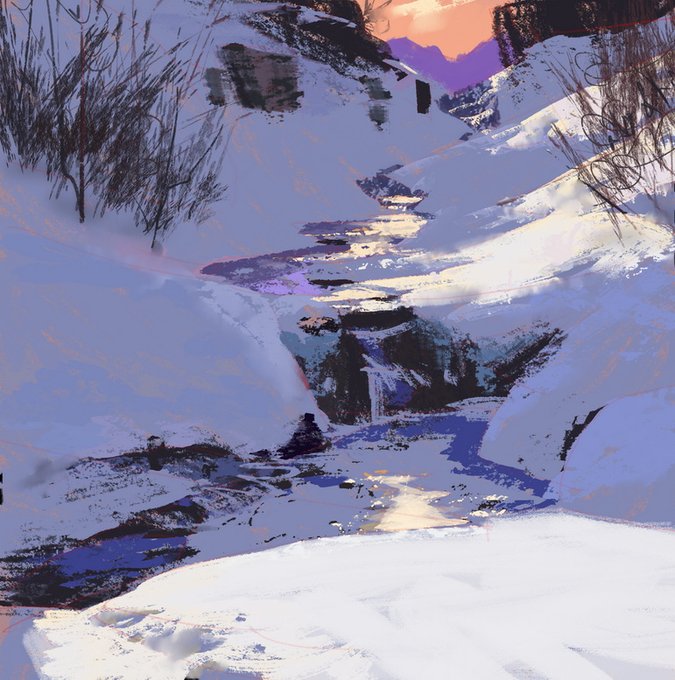 the image is a digital painting depicting a snowy winter landscape. a stream winds through a canyon or valley filled with snowcovered mountains or hills. bare trees and brush are visible along the slopes. the color palette is dominated by shades of white, blue, and purple, suggesting cold temperatures and snow shadows. the background features a sunset sky with orange and purple hues. the painting style is impressionistic, with visible brushstrokes and a focus on light and color.