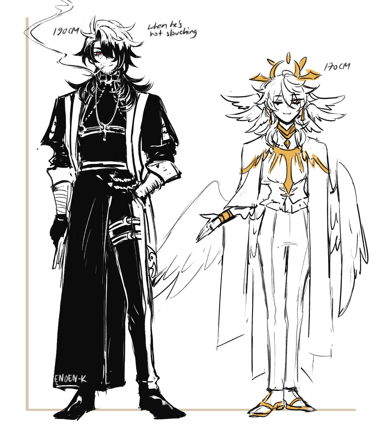 the image is a drawing of two anime characters, one on the left and the other on the right. the character on the left is taller than the character on the right, and both characters have wings.  the character on the left is wearing dark, casual clothing with a jacket and long pants, and has short dark hair and a stoic expression. the character on the right is wearing a white formal outfit with long pants and has long white hair, a serene expression, and a crownlike halo.  the drawing style is sketchlike with bold lines and shading.  text labels indicate the characters' heights as 190 cm and 170 cm. the text above the left character reads "when he's not slouching."  the drawing appears to be an illustration of two characters with contrasting styles and personalities, highlighting the difference in their height.