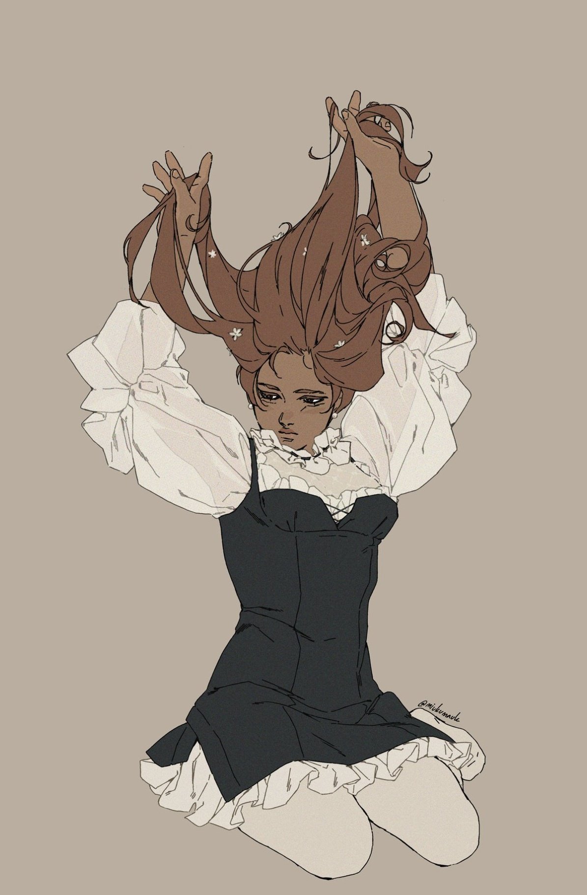 a digital illustration of a woman in a black dress with white ruffled trim. she is sitting on the floor and has her arms up in the air playing with her long brown hair. there are small white flowers falling out of her hair.