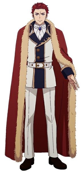 an anime character with red hair is standing in a regal pose. he is wearing a white uniform with a red and gold cloak. he has a crown on his head and is holding a sword in his hand. he looks like a king or a prince.