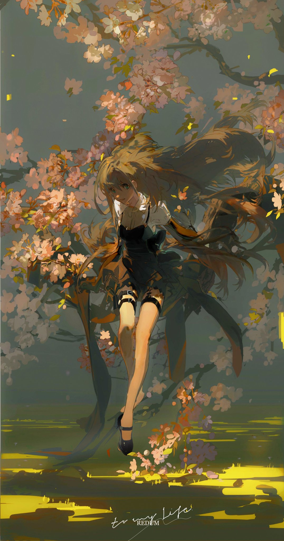 a digitally painted image of a young anime girl standing amongst pink flowers and cherry blossoms. she is wearing a black dress and a white shirt and has brown hair tied up into a ponytail. she is looking at the ground with a dreamy expression. the artwork has a soft, ethereal, and whimsical feel.