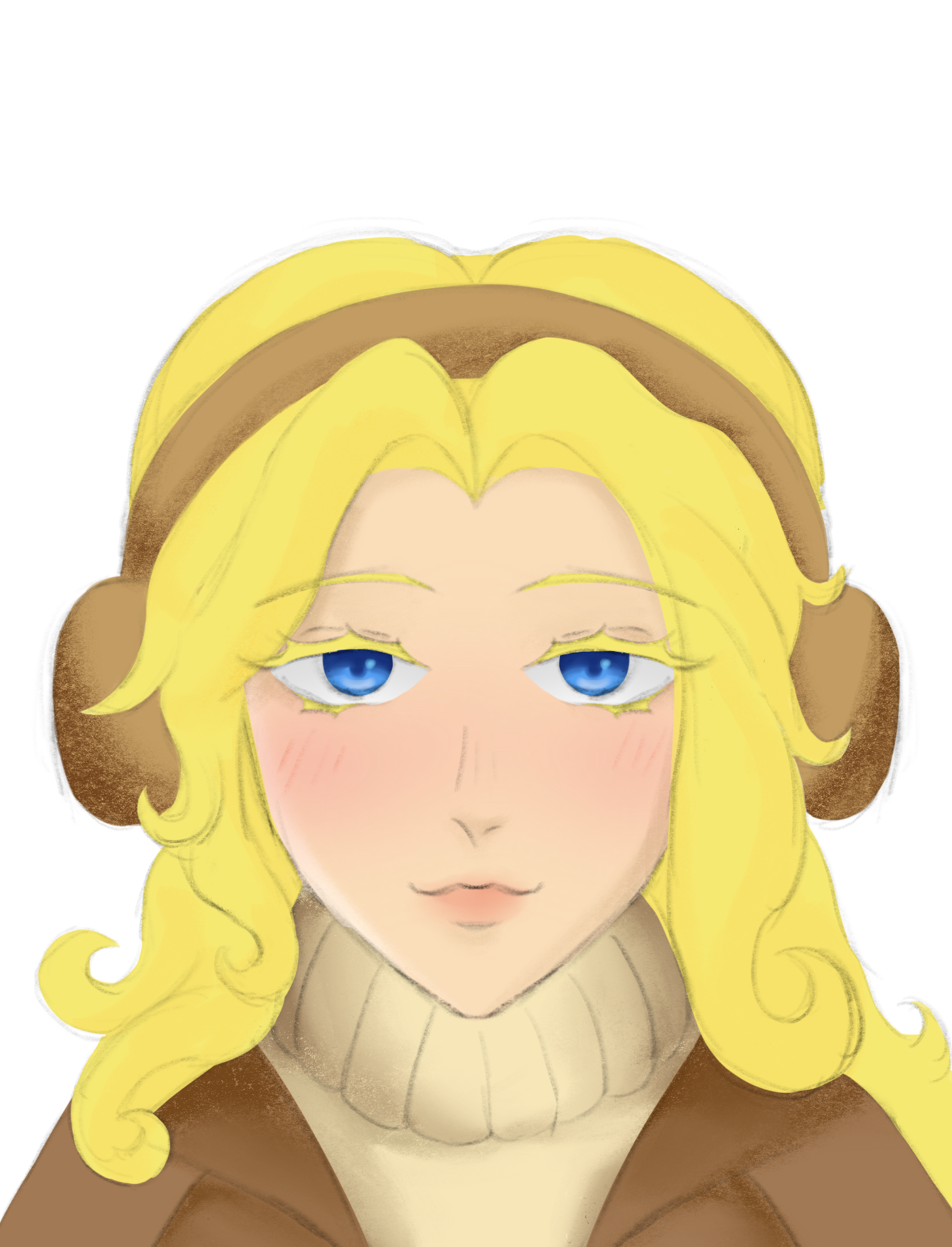 the image is a digital painting of a young woman's face, rendered in a style reminiscent of anime.  she has long, wavy blonde hair and is wearing a brown jacket, a creamcolored turtleneck sweater, and brown earmuffs. her eyes are large and blue, and she has a soft, slightly smiling expression. the overall color palette is soft and pastel, creating a warm and cozy feeling. the background is plain white, focusing attention on the character. the style is highly stylized, with smooth shading and a focus on conveying a sense of gentleness and calmness.