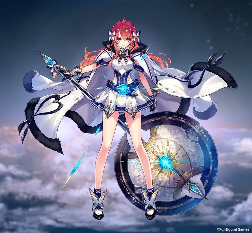 a female anime character with long red hair and blue eyes is standing in a dynamic pose against a backdrop of clouds and a night sky. she is wearing a white dress with blue accents and white boots. she is holding a staff in her right hand and a large magical shield with a blue gem in its center hovers near her left leg. the scene is brightly lit with a magical, dynamic lighting style.