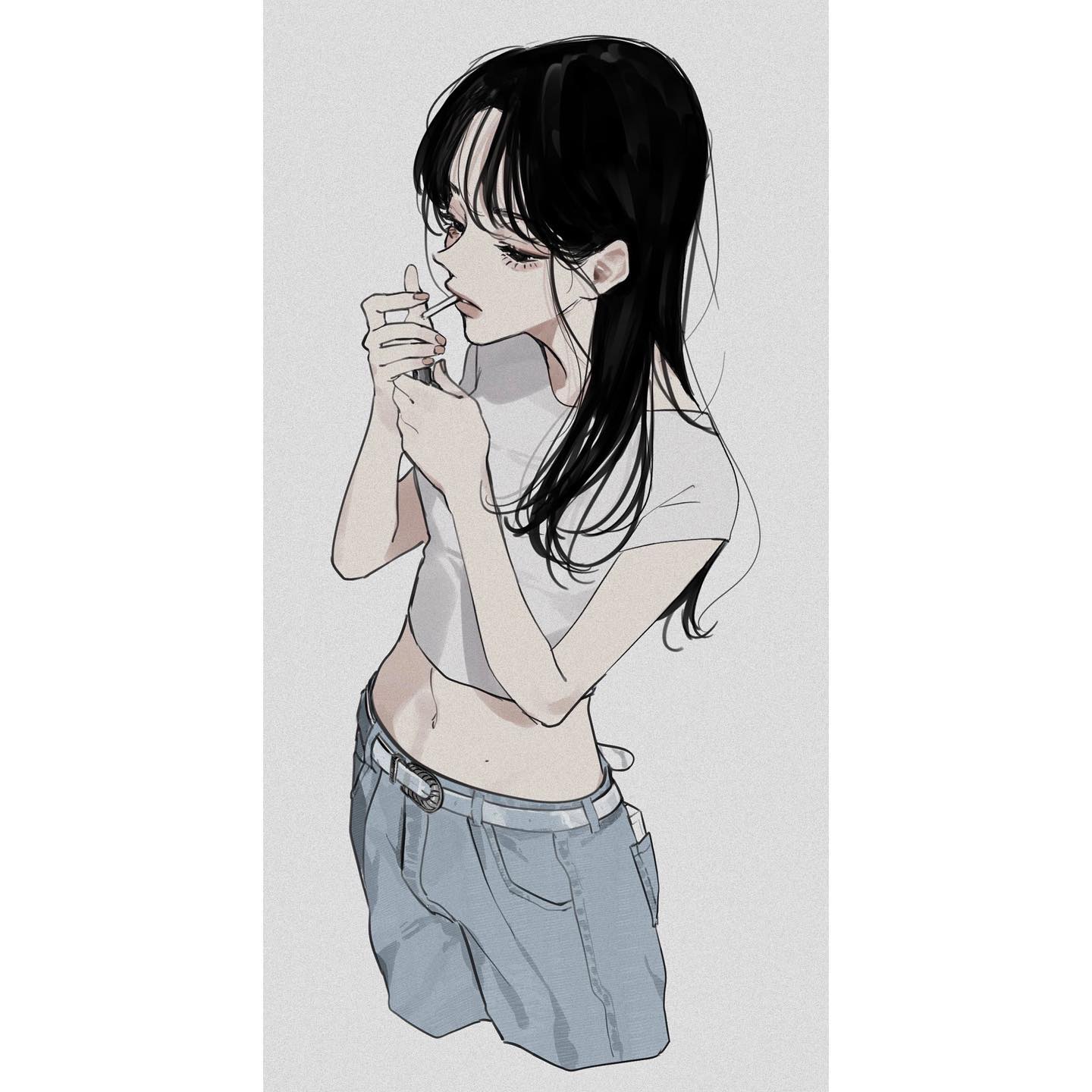 the image is a digital illustration of an animestyle girl. she has long, straight black hair, pale skin, and is wearing a white cropped top and light blue jeans. she is holding a lighter and appears to be lighting a cigarette. the art style is somewhat realistic, with detailed shading and rendering of the girl's features and clothing. the overall tone is cool and slightly melancholic. the background is a simple light grey.