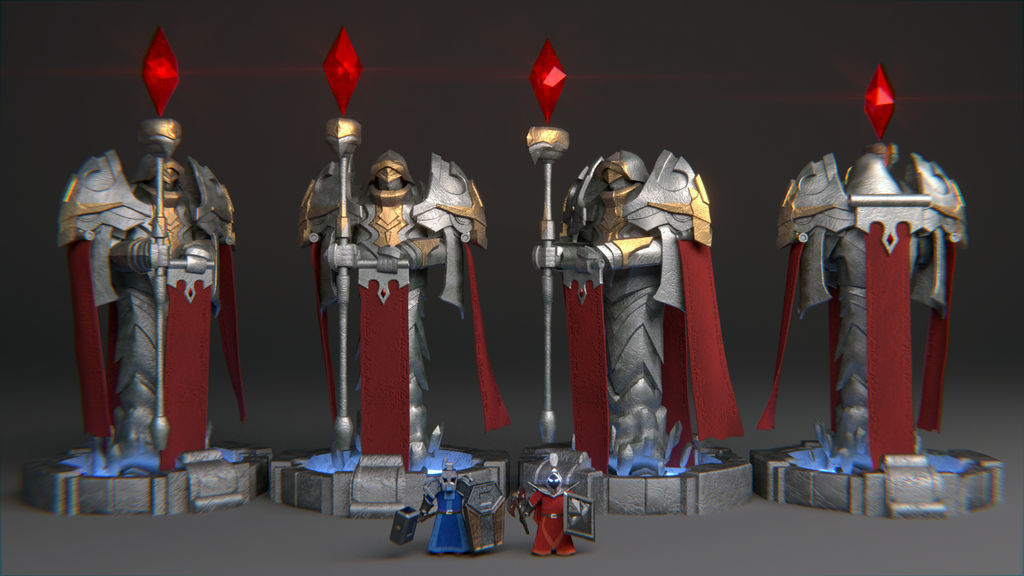 the image showcases 3d models of four imposing knight statues, each clutching a staff topped with a glowing red crystal. the knights, clad in ornate silver and gold armor, stand upon individual platforms adorned with a blue, crystalline base. two smaller figures, a warrior and a mage, stand at the base of the central statue, providing a sense of scale to the towering guardians. the scene is set against a neutral gray backdrop, emphasizing the intricate details of the models.