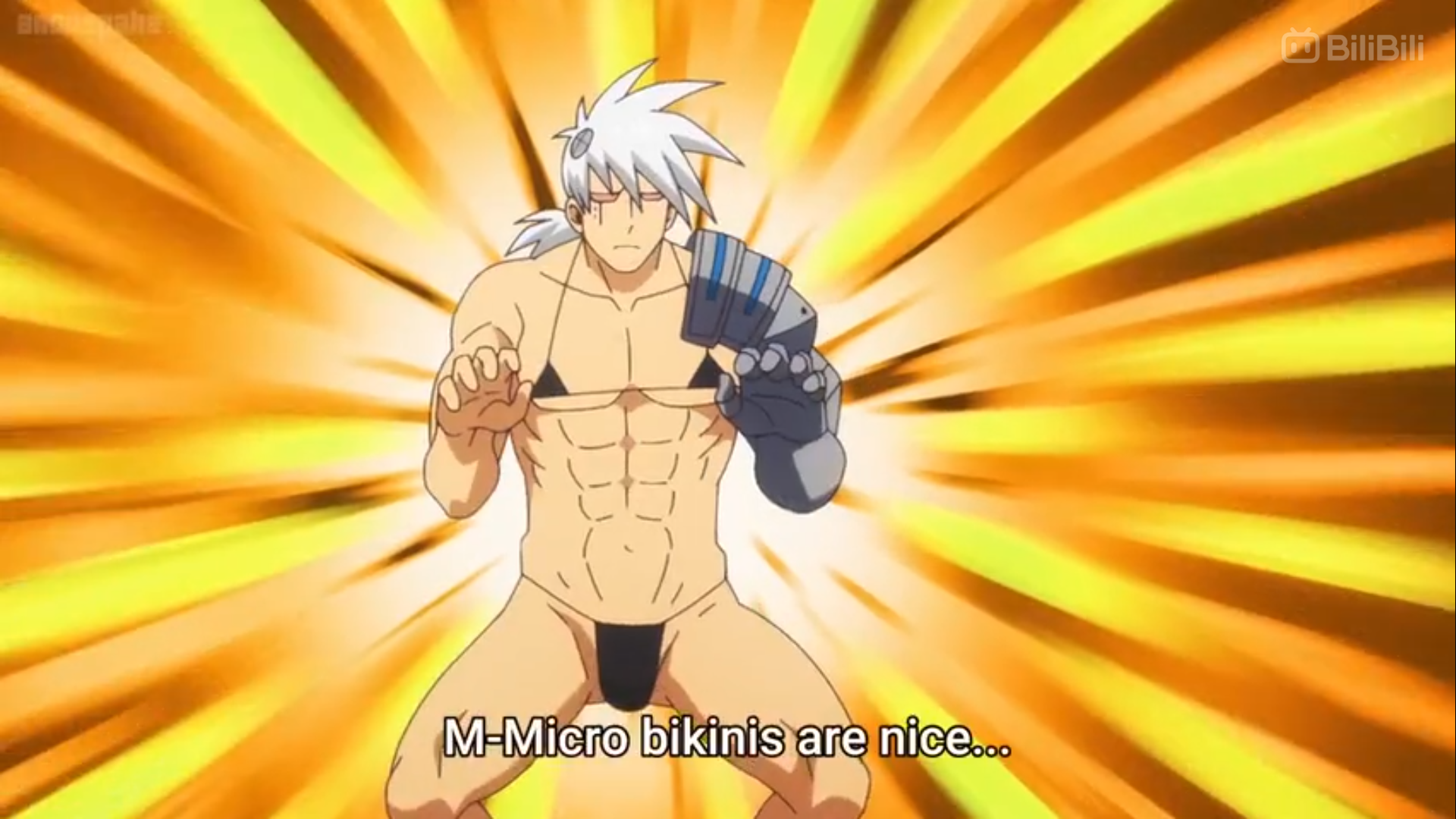 a muscular, silverhaired anime man with a robotic arm strikes a pose against a vibrant yellow and orange burst pattern background. he's wearing a very small black bikini and says, "mmicro bikinis are nice..."  this image likely plays on anime tropes for comedic effect.
