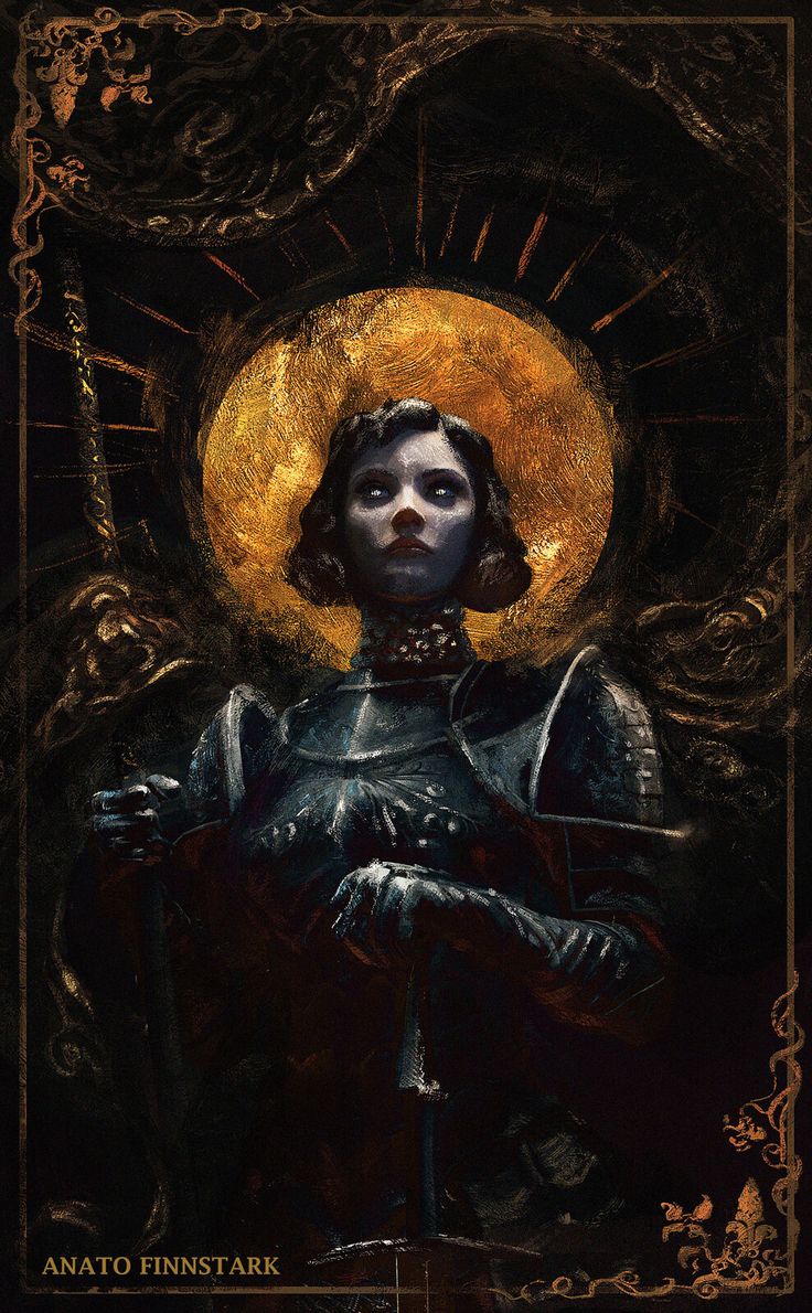 the image is a digital painting in a dark, gothic style reminiscent of oil painting. it depicts a female knight, clad in dark armor, sitting with a solemn expression. she has pale skin and dark hair styled in a bob. a golden halo, resembling a stylized moon, surrounds her head, set against a dark, shadowy background with intricate, ornate flourishes. the overall atmosphere is mysterious and somewhat unsettling, with the knight's intense gaze adding to the dramatic effect. the artist's signature, "anató finnstark," is visible at the bottom. the style suggests the image could be from a fantasy book, game, or other similar media.