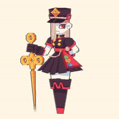 a pixel art depiction of a female character wearing a black dress, red and gold accents, and a militarystyle hat.  she is holding a gold and black staff.  her skin is white with red eyes and details.  the art style is reminiscent of a video game sprite.
