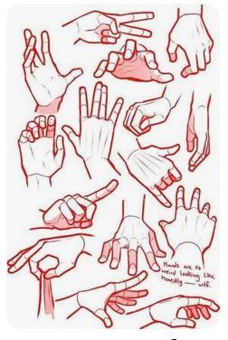 a collection of line drawings of human hands in various poses. each drawing highlights the hand's anatomy and the different positions it can achieve.  the drawings are in red and black on a white background. a caption reads, "hands are so weird looking like honestly  wtf".