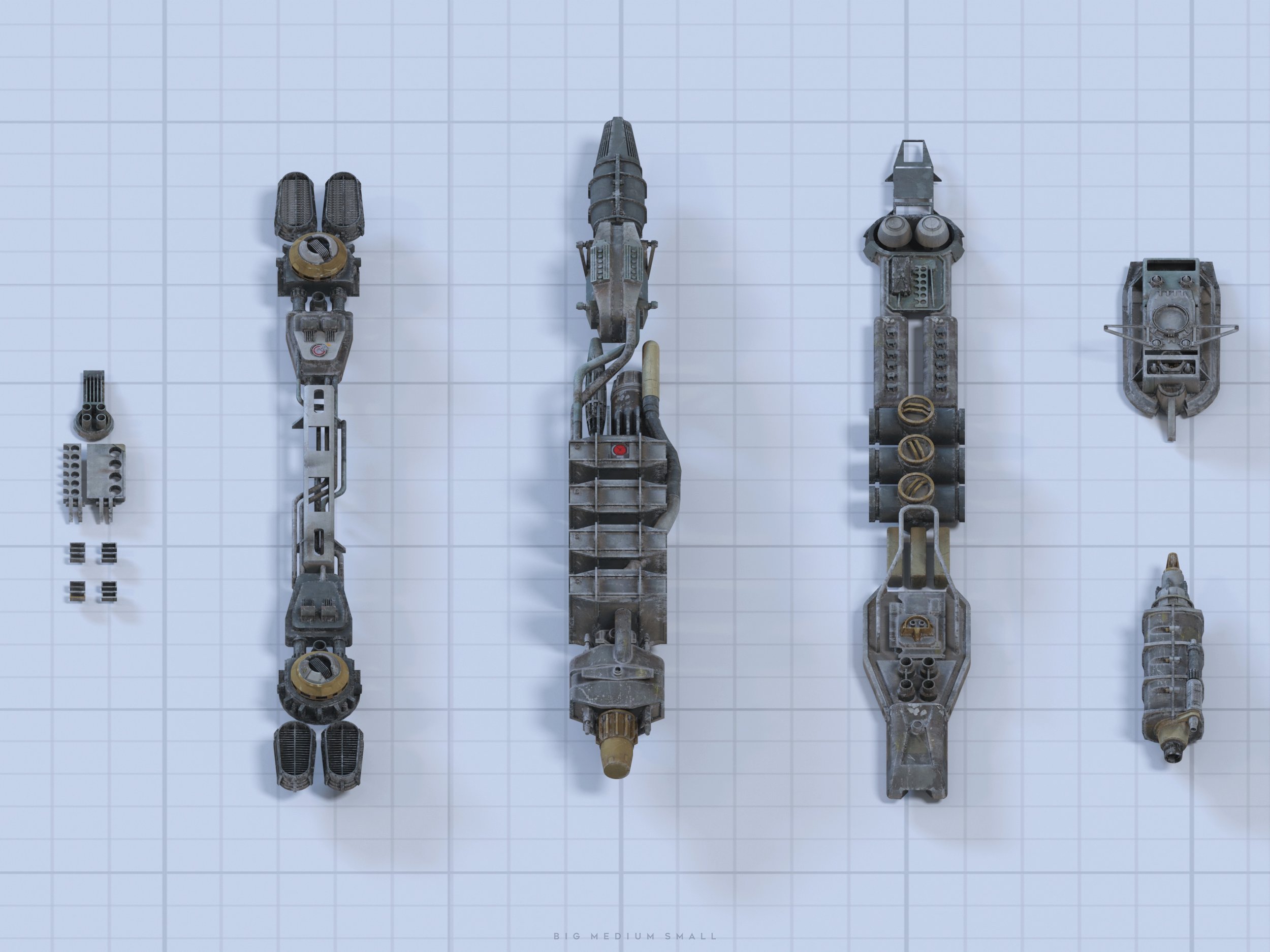 an overhead shot of five different spaceship models arranged on a grid background. the models are of varying sizes, labeled "big, medium, small" at the bottom. the largest spaceship is in the center, while smaller versions and component parts are on either side. the image suggests a design process or a comparison of different sizes and configurations of the spaceship.  the style is clean and technical.