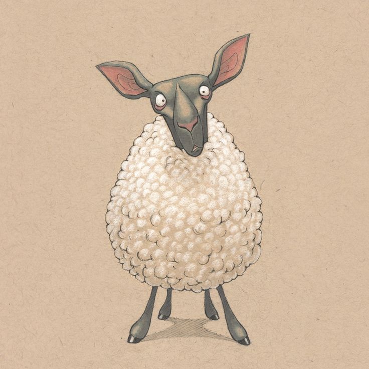 a cartoon sheep stands on its hind legs with its head raised. the sheep has a large wooly body and a dark gray face with large ears and a pink inner ear. the sheep has small, wide eyes that give it a slightly surprised or curious expression. the background is a neutral brown color.