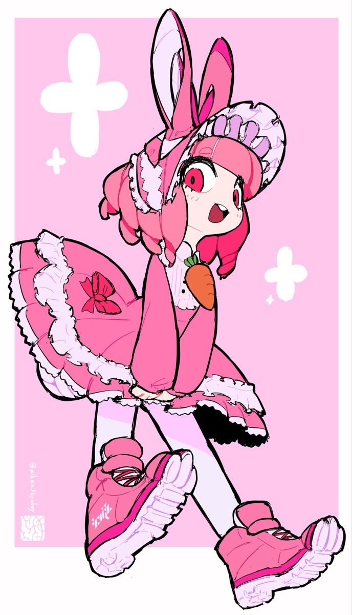 a cartoon anime girl with pink hair, bunny ears, a pink hat, a pink dress and pink shoes. she's holding a carrot and smiling.