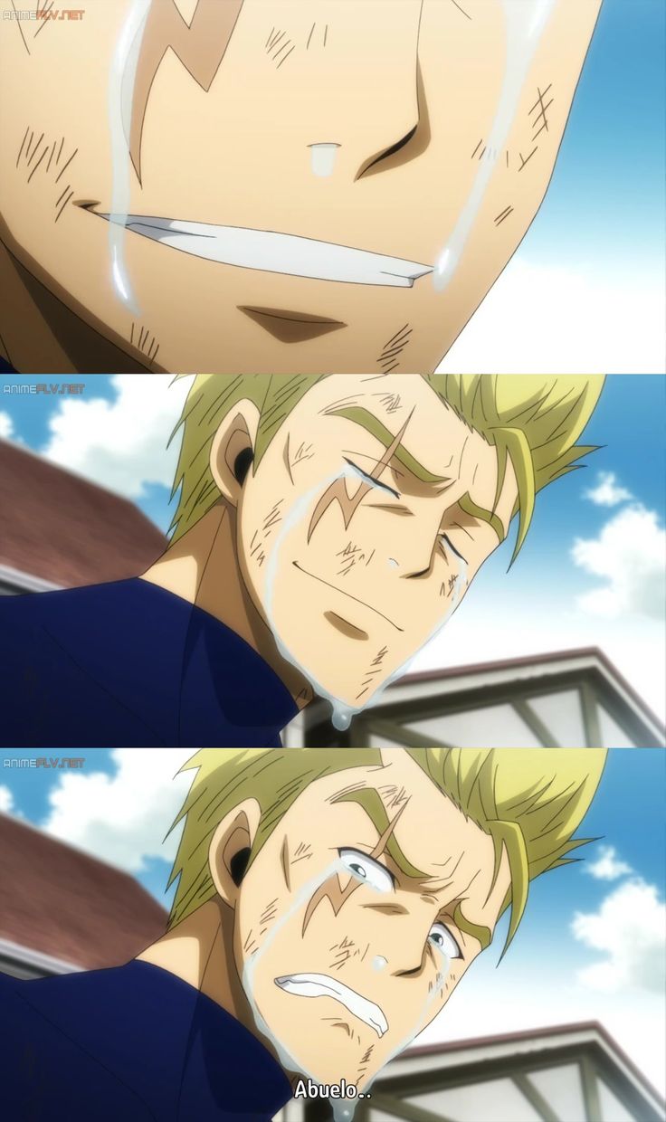 a closeup of an anime character's face, with blond hair and blue eyes.  he is crying tears and has a sad expression.  he has scars on his face.  the background is blurry, making the image appear as if it is from a comic book or manga. the word "abuelo" appears in a text bubble at the bottom of the image.