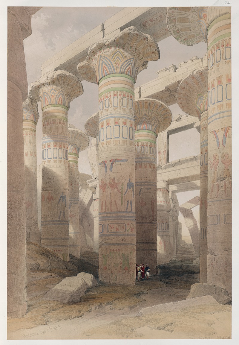 the image is a watercolor painting by david roberts depicting the temple of karnak in ancient egypt. the scene shows the interior of the temple with massive columns dominating the view. these columns are decorated with hieroglyphics and lotusshaped capitals. there are also a few tourists or figures shown at the base of the columns, providing a sense of scale to the monumental architecture. the painting captures the ruins and architectural grandeur of the ancient temple, emphasizing its historical significance and artistic representation of its current state. the stone and beams that make up the structure are faded with the patina of age.