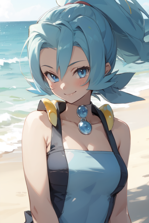 the image is a digital painting of an animestyle girl with long, light blue hair tied up in a high ponytail. she is wearing a light blue and dark blue swimsuit and a necklace with light blue beads. she is standing on a sandy beach with the ocean in the background. the style is reminiscent of anime and manga art, with soft shading and vibrant colors. the overall mood is cheerful and summery. the girl's expression is happy and pleasant, adding to the lightheartedness of the scene.  the art style is clean and detailed with a focus on the character's features and the overall atmosphere.