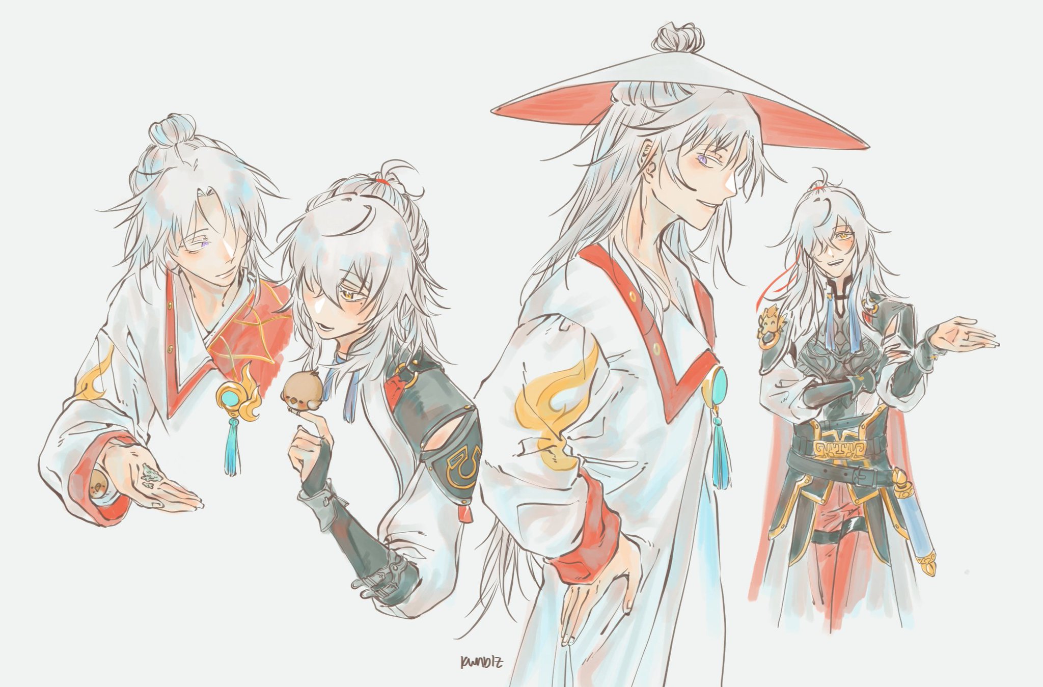 the image is a drawing of three anime characters, all of whom are male. the characters are dressed in traditional japanese and chinese clothing. they are all smiling and looking happy. the character in the center is holding a small bun in his hand and is offering it to the character on the left. the character on the right is holding a sword on their side. there is a beautiful background behind the characters.