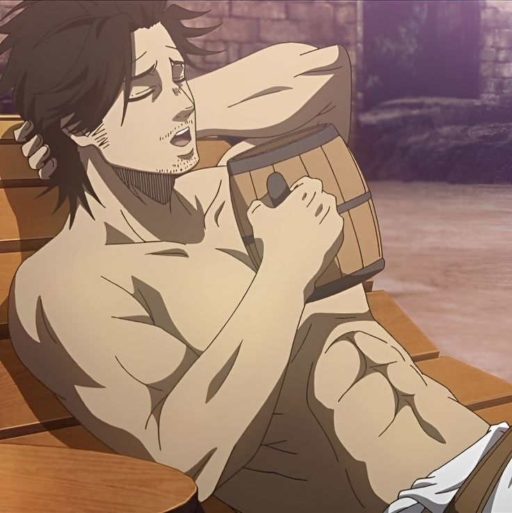 a shirtless muscular anime character with dark hair relaxing on a wooden bench by the water, holding a wooden barrel. he is leaning back with his eyes closed, seemingly enjoying the moment.