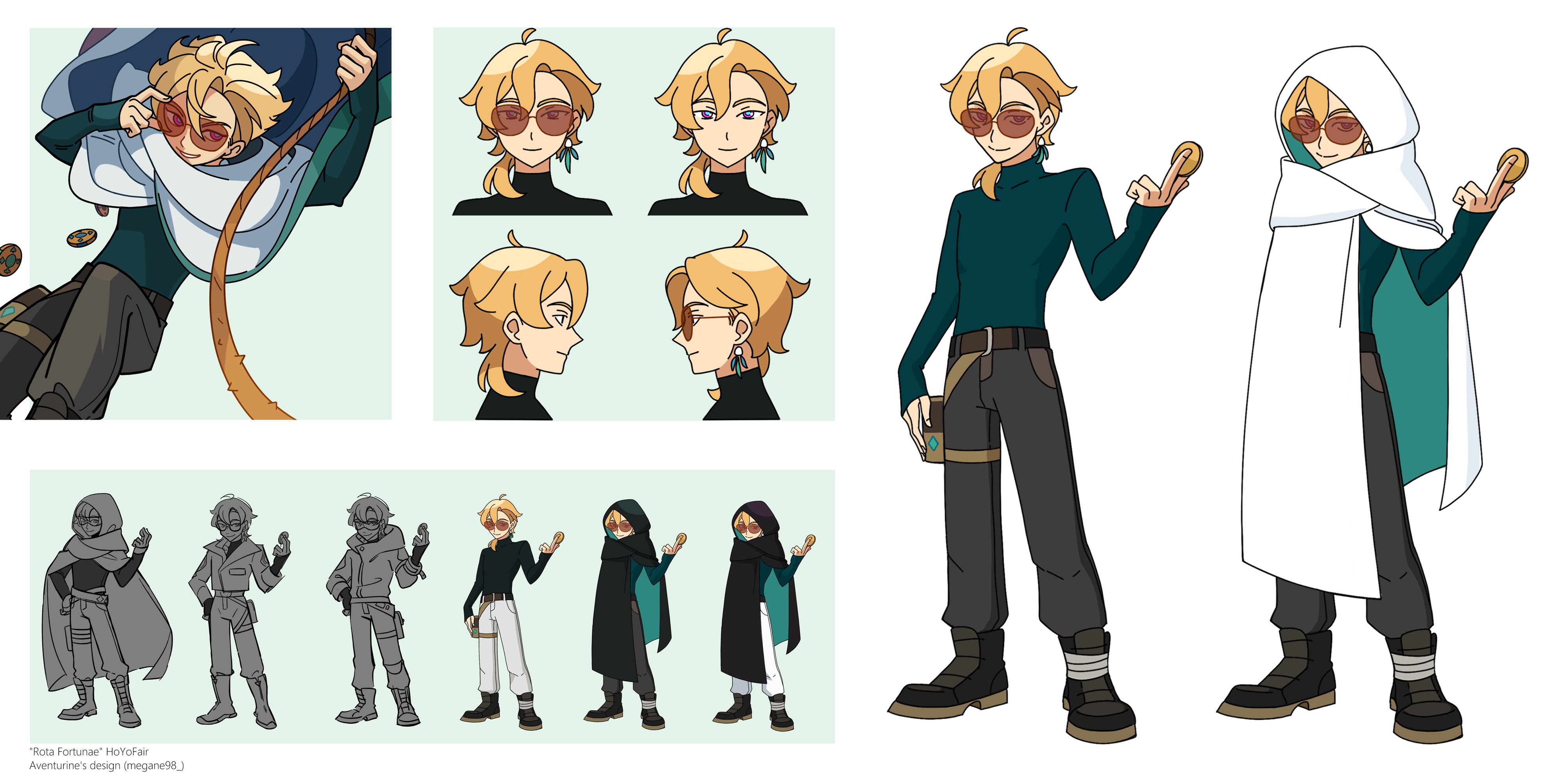 the image presents a comprehensive character sheet for a male anime character.  it includes a dynamic action pose showcasing the character in motion, detailed headshots in different angles, and various outfit options.  these options range from a casual teal turtleneck and pants ensemble, to a more formal look with a white cloak. there are also grayscale sketches showing the initial design process and different stages of outfit choices. the character design features blond hair, sunglasses, earrings, and a generally sleek aesthetic.  the overall style is clean and polished, clearly designed for animation or game development.