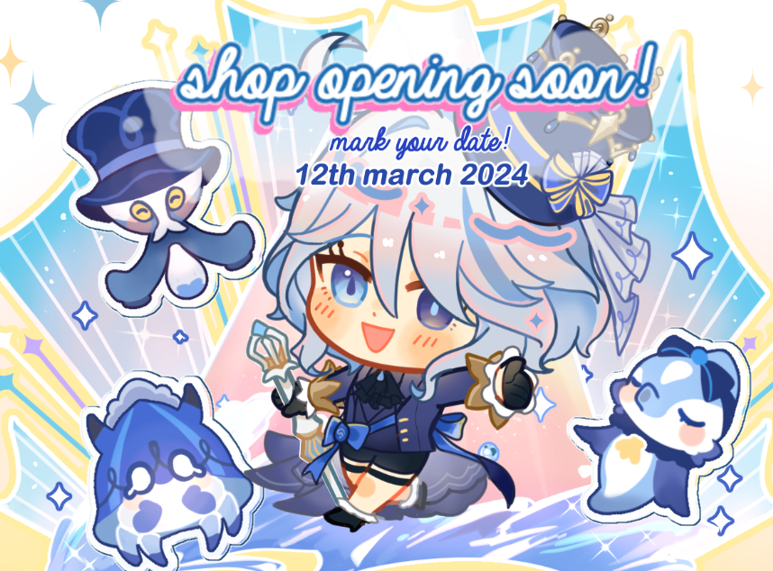 this is a colorful cartoon announcement image of a shop opening soon. it features a chibi anime character with blue hair and wearing a blue and white dress and a hat, holding a sword, smiling and surrounded by pastel pink and blue clouds and stars. there are also three other chibi characters. the text says "shop opening soon! mark your date! 12th march 2024"