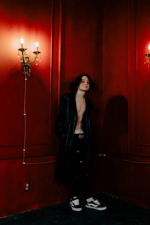 a young man with long dark hair stands in a corner of a room with deep red walls and ornate wall sconces. he is wearing a dark green velvet coat open to reveal a bare chest and ripped black jeans. his footwear is black and white vans sneakers. the overall mood of the image is dark and moody, with dramatic lighting emphasizing the subject's style. the setting and the model's attire suggest a fashion or artistic photoshoot.