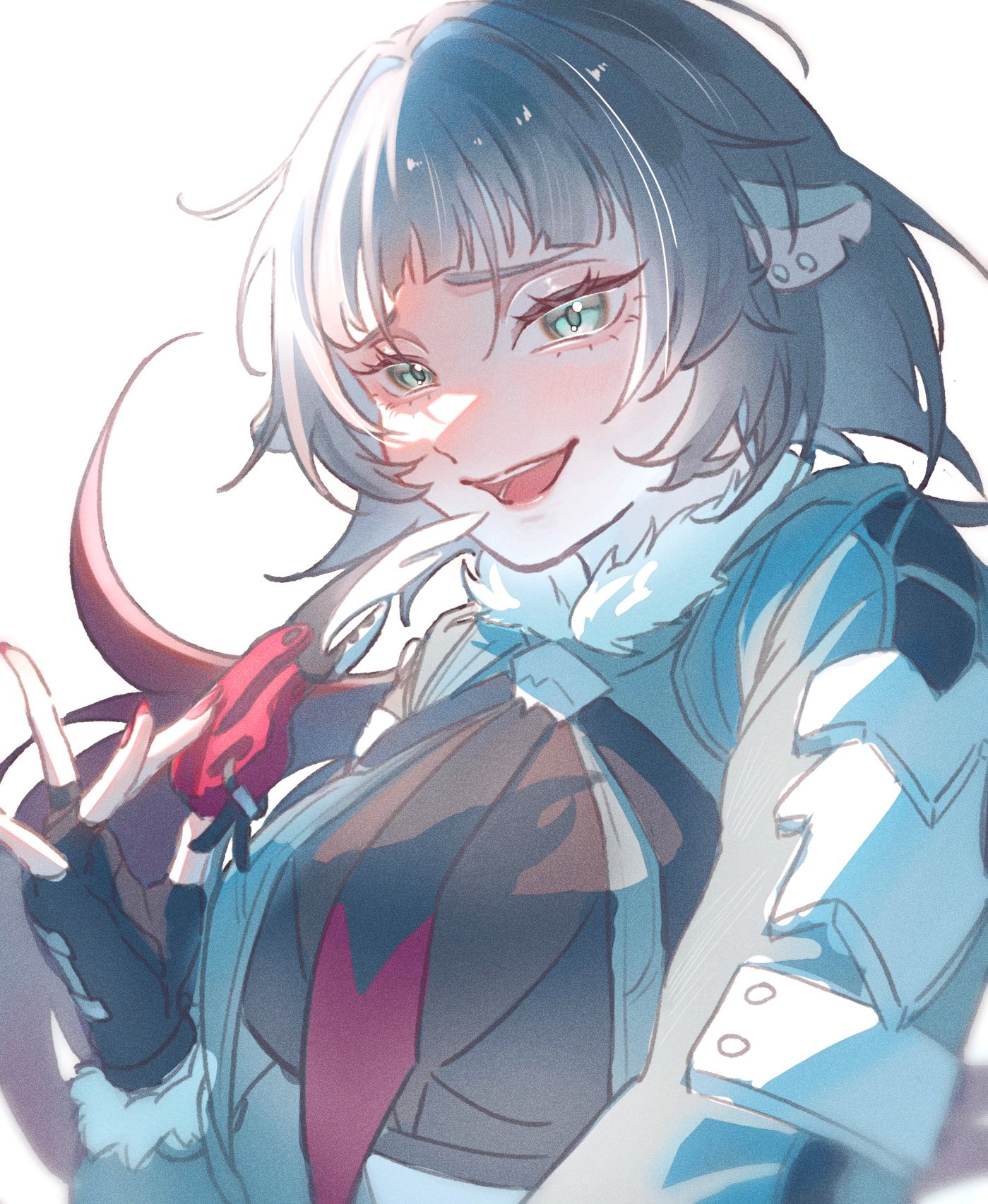 a digital illustration of an anime girl with grey hair and blue eyes. she is smiling and has a playful expression. she is wearing a blue jacket with a fur collar, a red ribbon, and gloves. the background is white.