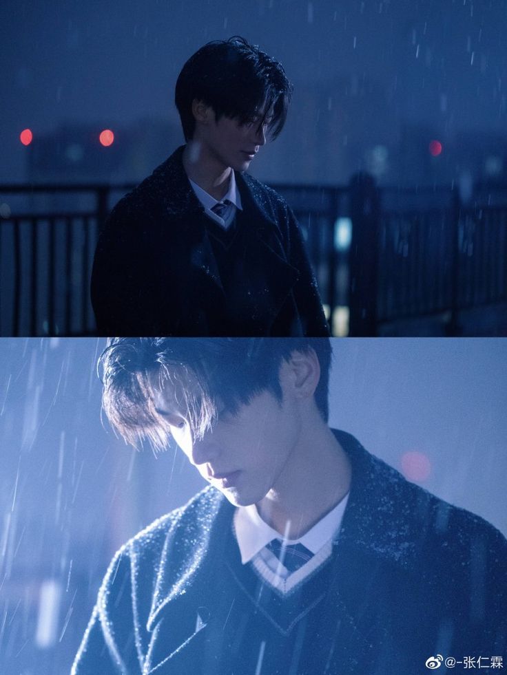the two images depict a young asian man with dark hair, standing on a rooftop at night in the rain. he is wearing a dark jacket and a collared shirt. the background suggests an urban setting. the images have a blue color cast, creating a melancholy and cinematic mood. the rain and the man's wet hair add to the overall atmospheric feel of the pictures.