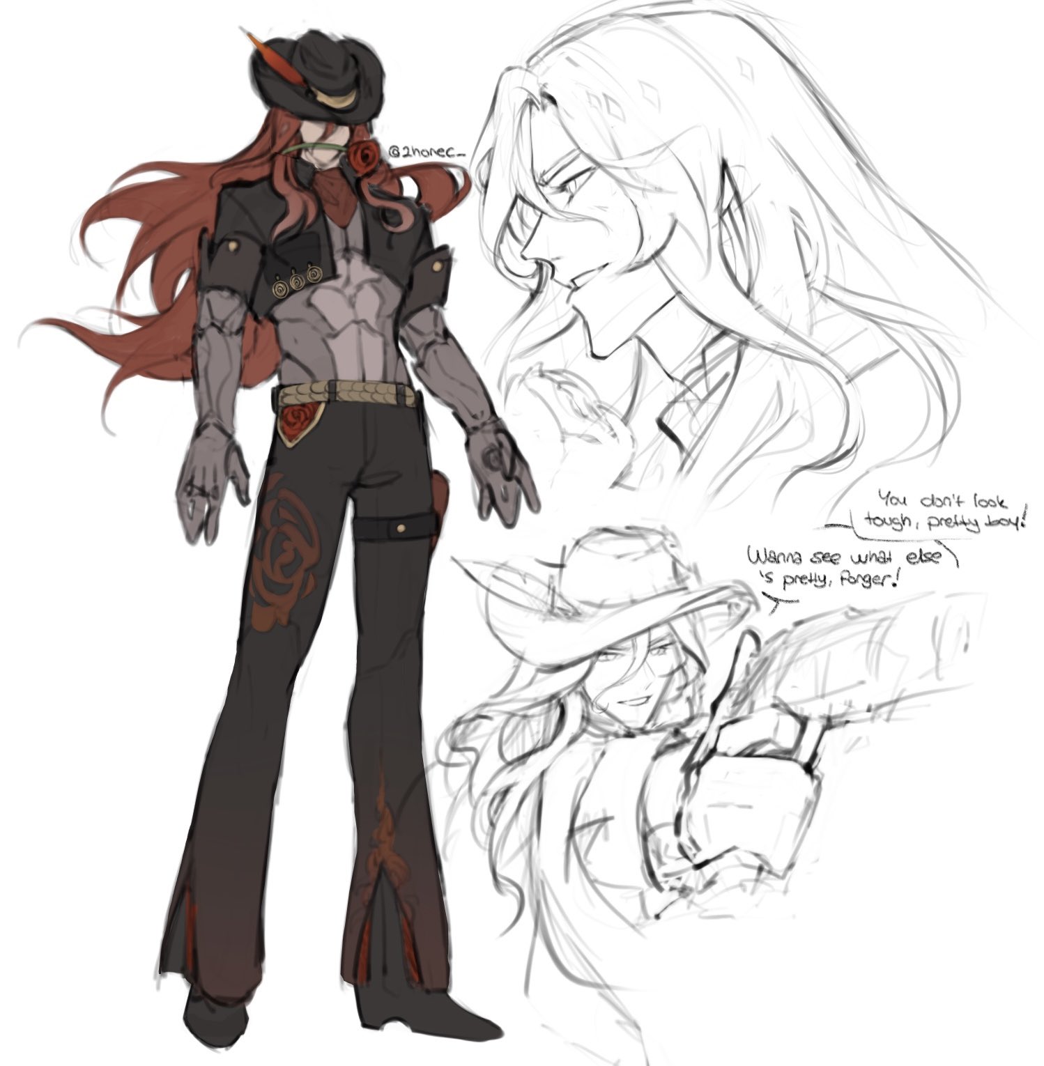 he image contains a digital drawing of a male character design. the main focus is a detailed illustration of a muscular man with long red hair, wearing a cowboy hat and outfit featuring intricate designs including roses. he is portrayed in a confident pose. several sketches surround the main illustration, showing different angles of the character's face and hair, as well as some rough sketches of his attire.  speech bubbles with dialogue add to the scene. the overall style is a blend of western and fantasy elements with a touch of comicbook aesthetic. the color palette is muted, with shades of gray, brown, and red.
